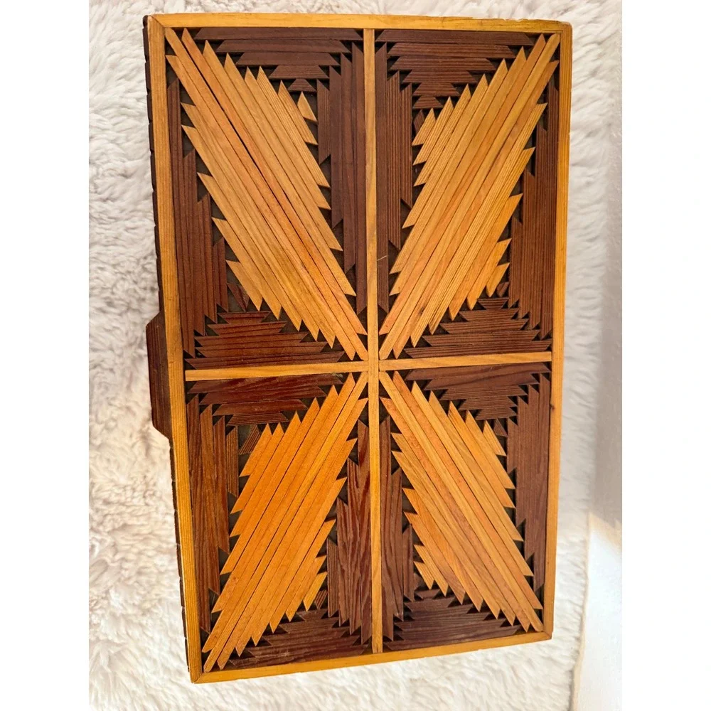 Antique tramp art wooden Box with Intricate Inlay Design Trinket Jewelry Storage